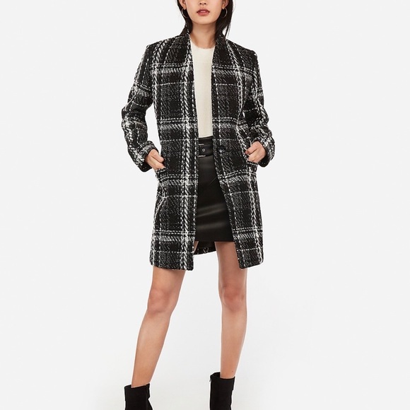 Express Tweed Plaid Collarless 1 Button Black White Metallic Coat Jacket Woven - Picture 1 of 3